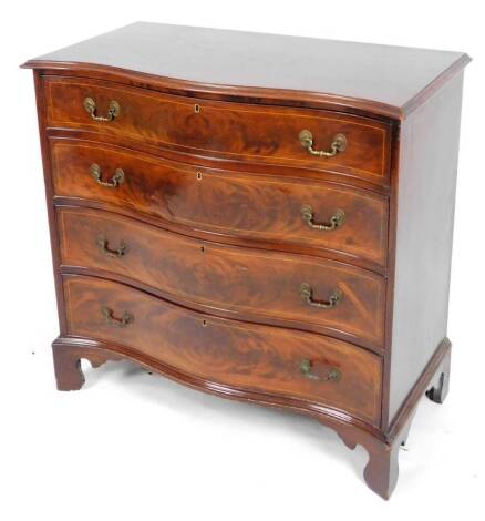 A 19thC mahogany and flame mahogany serpentine chest, of four long cockbeaded drawers, each with swan neck handles on bracket feet, 97cm H, 102cm W, 52cm D.