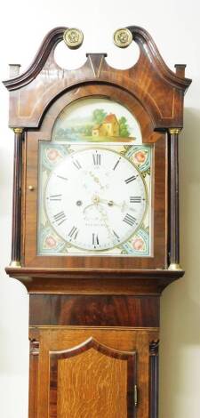 John Hyde, Sleaford. A 19thC mahogany and oak longcase clock, with broken swan neck pedimented hood, long trunk door inlaid with a shell patera, with a wide crossbanding and shaped top the whole raised on bracket feet, the painted arched 29cm W dial with