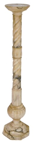 A marble column, with plain circular top on entwined stem and shaped octagonal base, 120cm H.