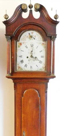 AB Shaw Billingborough. A 19thC oak longcase clock, with a broken swan neck pedimented hood, surmounted by three globular finials, above a long arch trunk door, on a block base, the 29cm W painted dial signed with Roman and Arabic numerals, subsidiary sec