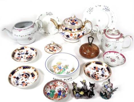 Various pottery, porcelain and effects, comical cat ornaments, Lucie Attwell style baby's dish, 20cm Dia. an early 19thC Newhall teapot, Imari pattern Derby teapot, another Newhall teapot, various Oriental and other Continental porcelain dishes, etc. (a 