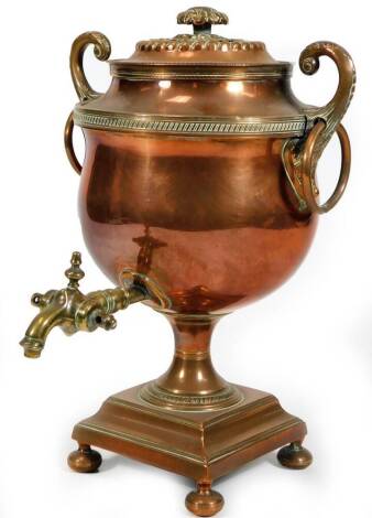 An early 20thC copper and brass samovar, the egg shell shaped body flanked by scroll and ring handles, on an inverted stem and stepped square base terminating in squat feet with front tap, 33cm H.