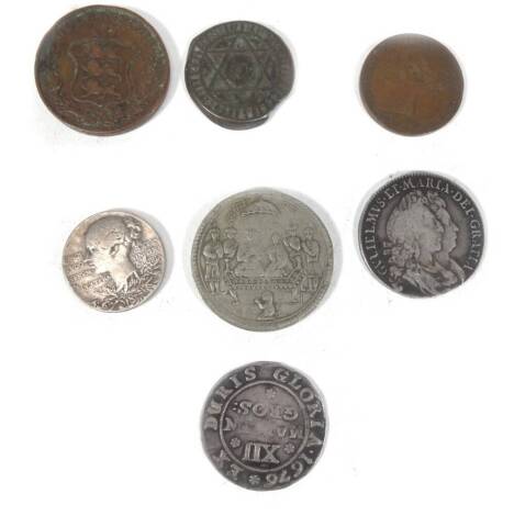 Various world coins, etc., a Brunswick Johann Friedrich coin, bearing date 1676, various other coins, etc., Victoria 1 26th of a shilling 1841, Guernsey 8 doubles 1834, an Oriental coin, William and Mary coin, etc. (a quantity)