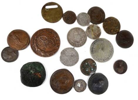 A hammered 1727 Kreu Tzer coin, other silver hammered coins, another larger and a small quantity of various other coins, tokens, Russian type marked 1776, George III other lower denomination Victorian, etc. (a quantity)