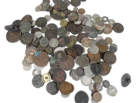 Various world used coins, tokens, etc., 18thC and others, medallions, some hammered examples, etc., contained in a metal cash tin, 25cm W. (a quantity)