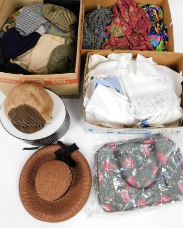 Various vintage fashion, accessories, etc., ladies hats, a quantity of table linen early 20thC, various coats, other accessories, travel bag, etc. (a quantity)