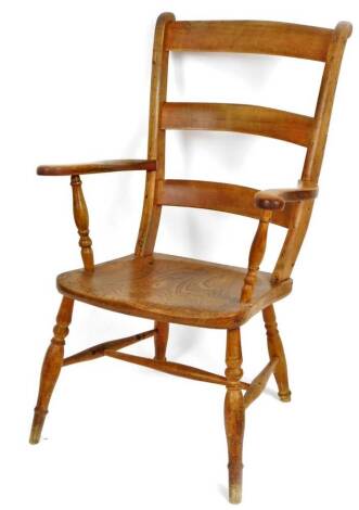 A 19thC ash and elm ladder back chair, with curved arms, turned supports, turned front legs joined by an H stretcher, 98cm H.