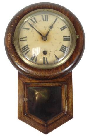 An early 20thC oak cased drop dial wall clock, of small proportion, with triangular opened lower section, 20cm dia, Roman numeric dial in plain case, 30cm H.