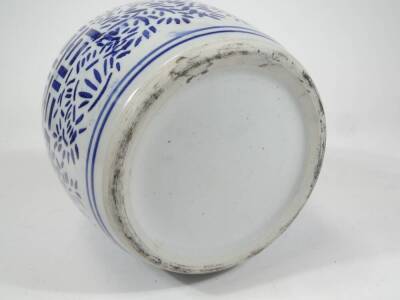 A Chinese pottery Ming style jar and cover, in a geometric pattern with upper Greek key style banding, 28cm H, unmarked, on an ebonised wooden base. - 3