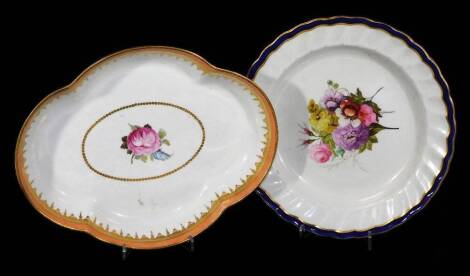 An 18thC William Billingsley Derby puce marked oval shaped dish, pattern 65 with a central rose with a salmon ground border, c1795, Ex Gerald Pendrid Col., 25cm Dia. and a William Billingsley Derby porcelain puce marked floral plate, with a blue ground bo