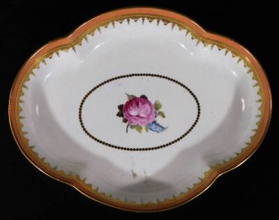 An 18thC William Billingsley Derby puce marked oval shaped dish, pattern 65 with a central rose with a salmon ground border, c1795, Ex Gerald Pendrid Col., 25cm Dia. and a William Billingsley Derby porcelain puce marked floral plate, with a blue ground bo - 3