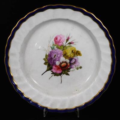 An 18thC William Billingsley Derby puce marked oval shaped dish, pattern 65 with a central rose with a salmon ground border, c1795, Ex Gerald Pendrid Col., 25cm Dia. and a William Billingsley Derby porcelain puce marked floral plate, with a blue ground bo - 6