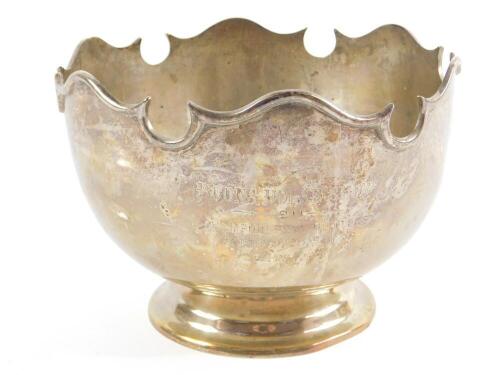 A George V silver footed bowl, presentation engraved 'Poona' Horse Show 1911, Champion Pony Hunters, Capt V A Coaker's, 'Why Not', Goldsmiths and Silversmiths Company, London 1911, 20.5cm dia, 20.3oz.