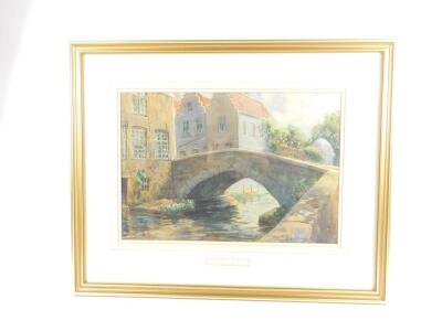 W Cecil Dunford (1885-1969). Bruges, Le Pont du Cheval Quai Vert, watercolour, signed, 34cm x 50cm.