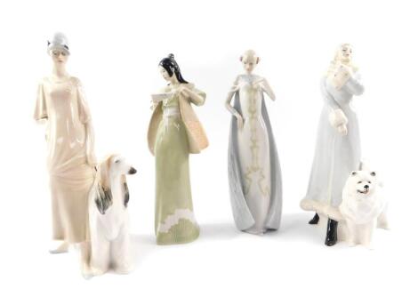 Four Royal Doulton Reflections figures, comprising A Winters Walk HN3052, Debut HN3046, Promenade HN3072, and Cherry Blossom HN3092.