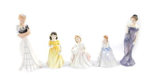 Five Royal Doulton figures, comprising Kimberley HN3379, Harmony HN2824, Flowers For You HN3889, Amanda HN2996, and Andrea HN3058. (AF)