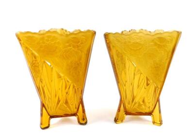 A pair of Art Deco amber glass vases, of triangular form, with moulded fan decoration and frosted glass panels moulded with flowers, 19cm H.