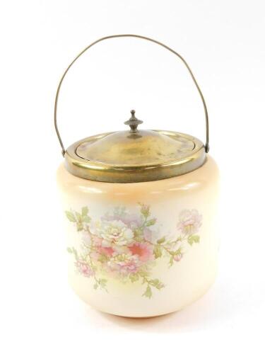 A Fieldings Crown Devon blush pottery advertising biscuit barrel, 'With Peek Frean & Co's Compliments', printed with flowers, with brass mount, carrying handle and lid, printed marks, 15cm H.