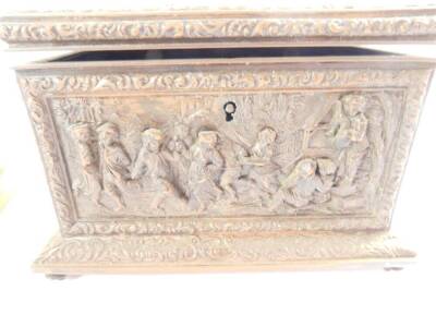 A 19thC French bronze casket, repousse decorated with panels of pastoral figures, base stamped A B Paris, 10cm H, 15.5cm W, 10.5cm D., together with a brass casket, embossed with mythological birds and beasts, flowers, etc, 8cm H, 14.5cm W, 11cm D., a 19 - 2