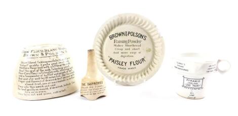 A Clarke's pyramid night light, jelly mould advertising a recipe for Brown & Polson's Cornflour Blanc-mange, flan dish advertising Brown & Polson's Raising Powder 'Paisley Flour', and an Improved Popular pie funnel by Thomas Hughes, Steel House Lane, Birm