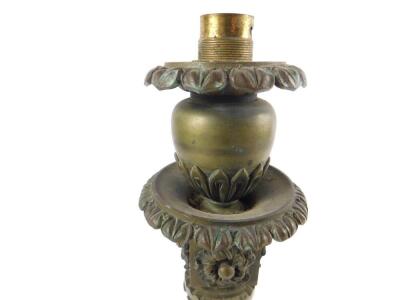 A French Second Empire bronze table lamp, polished out, cast with floral and foliate motifs, spiral moulding, raised on a square base, 39.5cm H. - 3