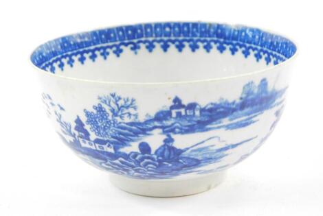 A Worcester First Period blue and white slop bowl, decorated in the Fisherman pattern, crescent mark, 12cm Dia.