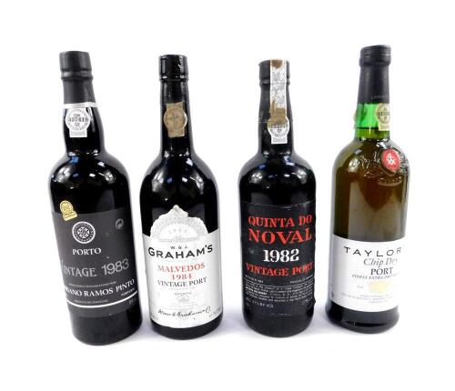 A bottle of Taylor's Chip Dry Port, Graham's Malvedos 1984 Vintage Port, Adriano Ramos Pinto Vintage 1983 Port, and Quinta Do Noval 1982 Vintage Port. (4)