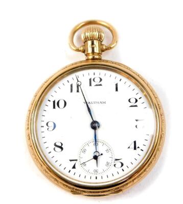 A George VI 9ct gold cased gentleman's pocket watch, open faced, keyless wind, Waltham enamelled dial bearing Arabic numerals, subsidiary second dial, movement by A.W.W Company, Waltham, Massachusetts No 24628264, plain case with floral banding, Birmingha