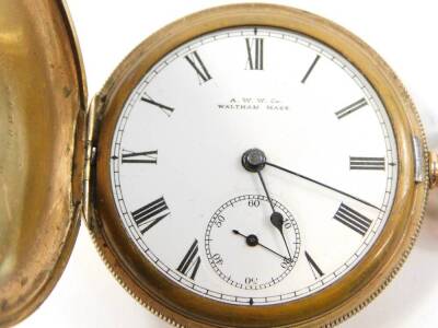 A Waltham gentleman's gold plated Hunter pocket watch, keyless wind, enamel dial bearing Roman numerals, subsidiary seconds dial, movement by The American Watch Company, Waltham Mass. No 7950678, the case with engine turned decoration, shield reserve, tog - 4