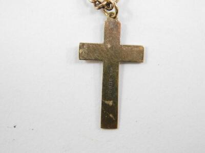 A 9ct gold cross, foliate engraved, on a yellow metal fancy link chain stamped 9, 7.2g all in - 3