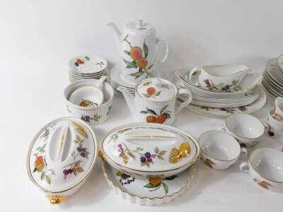 Royal Worcester Porcelain oven to tableware decorated in the Evesham pattern, including a pair of covered vegetable dishes, souffle ramekins, soup cups and saucers, dinner and dessert plates, etc. (qty) - 5