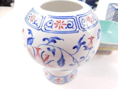 A group of Oriental ceramics, including a Chinese blue and white flower brick, 15cm W, a pair of imari dishes, reserve decorated with panels of birds and blossom, and a Cantonese famille rose fluted and footed dish, decorated with flowers against a yellow - 5