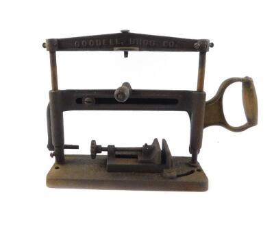 A Goodell Bros Patent bench mounted hacksaw, cast iron framed, embossed to top Goodell Bros. Co., 39.5cm W.