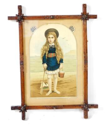 A Victorian advertising print for Holmes and Company Stamford, titled 'Our Boatmen', depicting a girl on a beach holding a bucket and spade, dated 1882, in an oak Oxford frame, 44cm x 30cm