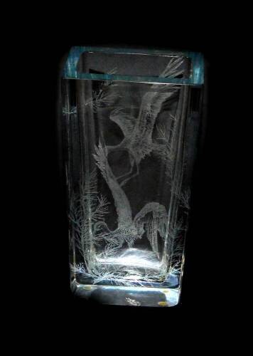 Brian Jabez Francis R.M.S, S.G.A. A Strombergshyttan clear glass vase, of tapering rectangular form, acid etched with 'Retour de Migration des Cigognes', etched marks, 24.5cm H.