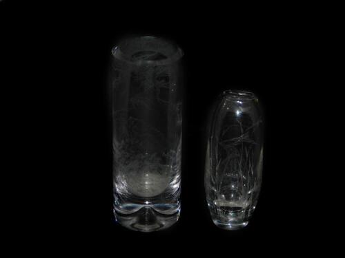 Brian Jabez Francis R.M.S, S.G.A. A glass vase of cylindrical form, acid etched with mountain village in the clearing mist, after Yu Chien, etched marks, 19.5cm H, together with a vase of oval form, acid etched with Bittern, etched marks, 15.5cm H. (2)