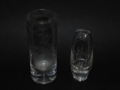 Brian Jabez Francis R.M.S, S.G.A. A glass vase of cylindrical form, acid etched with mountain village in the clearing mist, after Yu Chien, etched marks, 19.5cm H, together with a vase of oval form, acid etched with Bittern, etched marks, 15.5cm H. (2) - 2