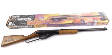 A Daisy Timberwolf air gun, .77BB ammunition, with cross bolt trigger block and smooth bore steel barrel, easy lever cocking action, boxed.