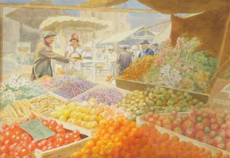 Herbert and Eric Collyer (British, 20thC). Market stall with fruit and flowers, watercolour, signed, dated 1927, 25.5cm x 37cm.