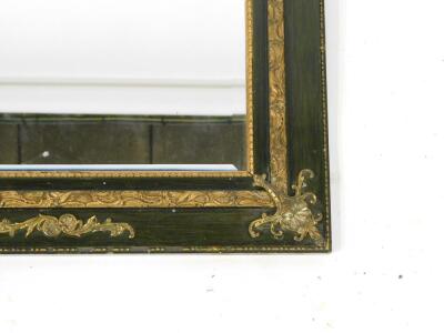 A Victorian green stained and parcel gilt rectangular wall mirror, inset bevelled glass with brass foliate and shell corner mounts, 66cm H, 56cm W. - 3