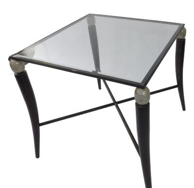 A Modernist cast metal square occasional table, inset glass top, raised on four tusk form legs united by an X framed stretcher, 75cm H, 83cm Dia. - 2