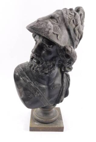 After the Antique. A spelter bust of Ajax, raised on a socle and square base, 37.5cm H.