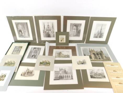 A portfolio of 19thC engravings relating to the interior and exterior of Peterborough Cathedral, most unframed. (15)