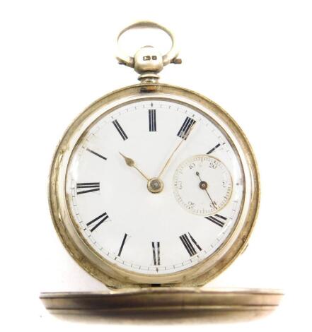 A Victorian silver gentleman's hunter pocket watch by Beha Schwerer & Co Norwich, circular enamel dial bearing Roman numerals, subsidiary seconds dial, fusee movement No 16017, the case of plain form, Birmingham 1899, together with four watch keys. (5)