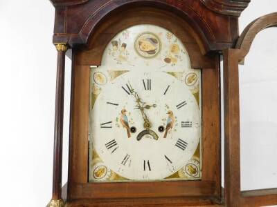 A George III mahogany and oak long case clock, the break arch dial painted with shells, thistles, rose and bird, chapter ring bearing Roman and Arabic numerals, subsidiary seconds dial and date aperture, two train eight day movement, with bell strike, the - 5