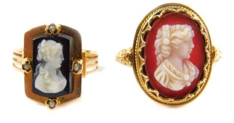 A Victorian gold and agate cameo ring, bust portrait of lady, size M, and a further agate and seed pearl ring, set in rose coloured yellow metal, size F, 6.1g. (2)