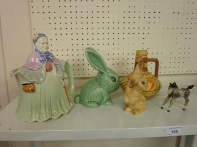 Two Sylvac rabbits, Beswick, a novelty teapot etc