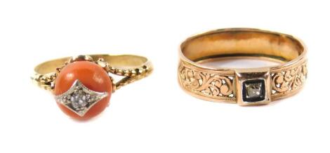 A Georgian diamond set band, with pierced foliate decoration, in yellow metal, size P, together with a diamond set band, with pierced foliate decoration, in yellow metal, size P, together with a 19thC coral and diamond set ring, in yellow metal, size M, 4