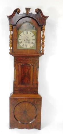 Kleiser of York. An early 19thC mahogany and rosewood longcase clock, the break arch enamel dial and spandrels painted with classical ruins, dial bearing Roman numerals, subsidiary seconds and date dial, two train eight day movement with bell strike, the 