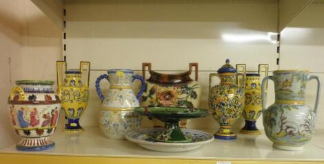 An Eichwald Majolica tazza and other items of continental maiolica